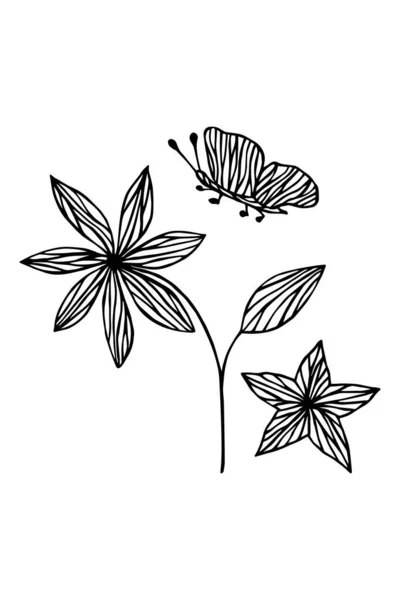 Vektorillustration Eines Floralen Designs Mit Blumen Und Schmetterlingen Skizzenstil — Stockvektor