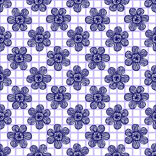 Seamless Pattern Blue Flowers Checkered Background Vector Illustration — Stock Vector