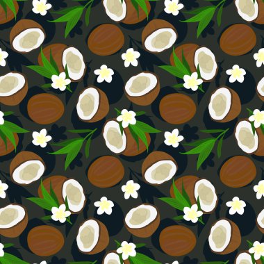 Hindistan cevizi, yaprak ve çiçeklerle kusursuz vektör deseni