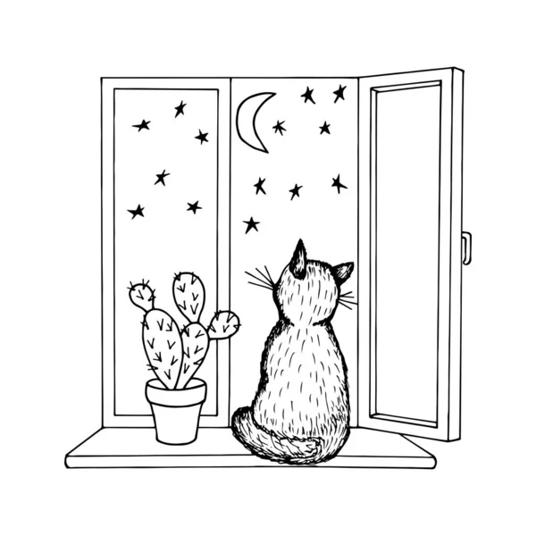 Kedi pencere tarafından sıkılıyor. Vektör hisse senedi çizimi E10. El çizimi beyaz arkaplan, özet.