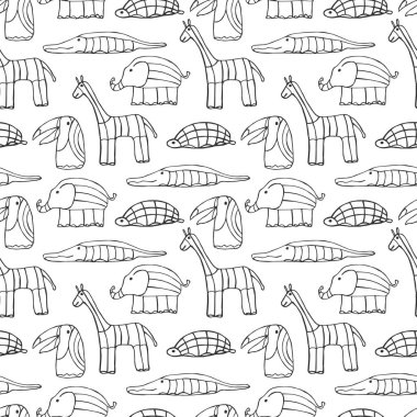 Kusursuz desenli, elle çizilmiş hayvanlar. vektör illüstrasyonu.