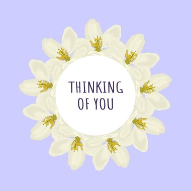 Seni düşünüyorum. Kart. Flowers 'dan yapılmış yuvarlak çerçeve. Vektör hisse senedi illüstrasyonu E10.