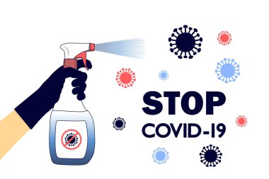 Covid-19 'u durdur. Mesaj at. COVID-19, Roman Coronavirus, 2019-nCoV, virüsün sprey ile öldürülmesi, dezenfektan çözeltisi. E10 vektör stok illüstrasyonu.