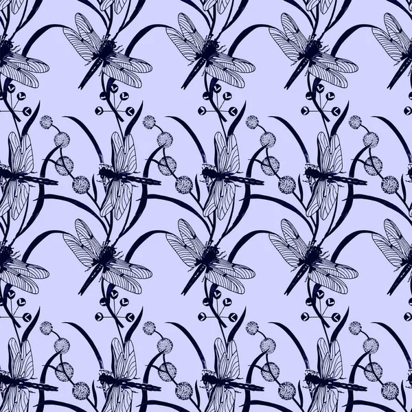 Nahtlose Muster Libellen Auf Der Pflanze Vektorillustration Der Handzeichnung Eps10 — Stockvektor