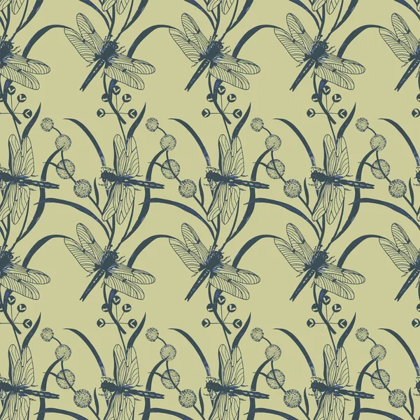 Motif Sans Couture Libellules Sur Plante Illustration Vectorielle Dessin Main — Image vectorielle