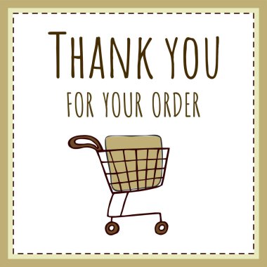 Siparişiniz için teşekkürler, online sipariş, işletme sahibi, paketleme. Alışveriş sepeti, tramvay. Vektör hisse senedi illüstrasyonu E10.