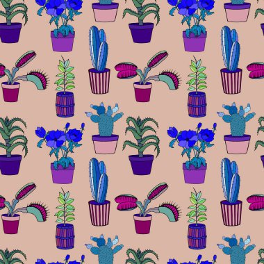 Kaktüs ve sulu elle çizilmiş kusursuz desen. vektör illüstrasyonu