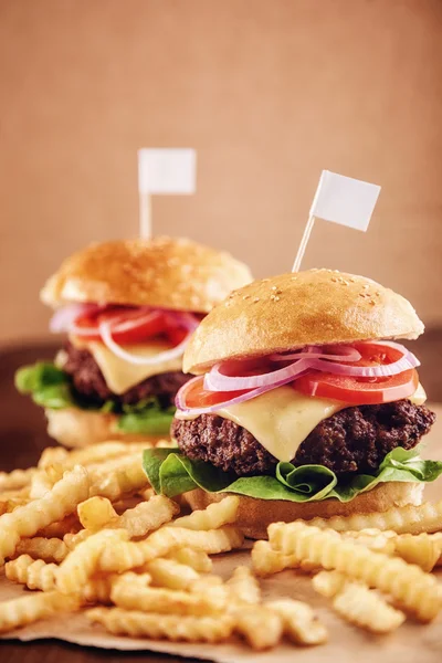 Mleté hovězí maso sýr hamburger s hranolky — Stock fotografie
