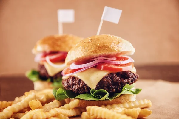 Carne molida Hamburguesa de queso con papas fritas — Foto de Stock