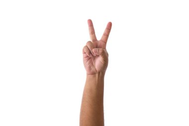 Middle finger, offensive gesture. White background