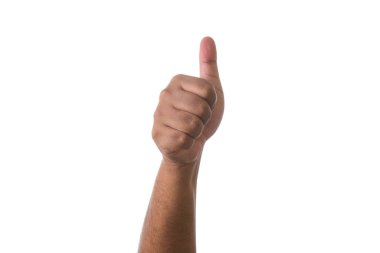 Middle finger, offensive gesture. White background