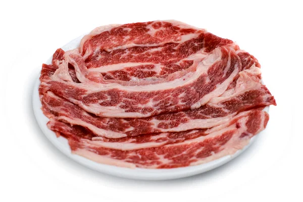 Fresh Beef Short Plate Slice Black Plate Isolated White Background — Stockfoto