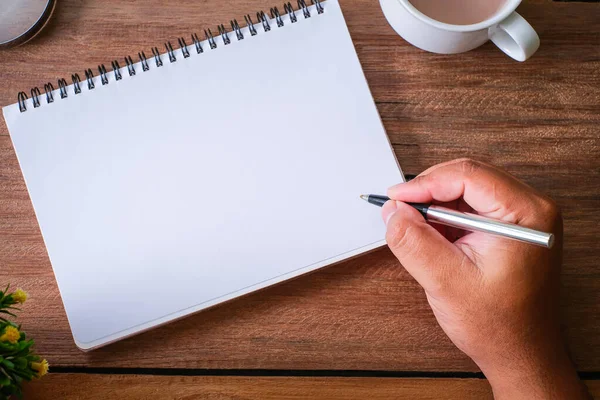 Tahta masa, defter, büyüteç, kalem, dekoratif bitkiler. Kopyalama alanı olan üst görünüm, düz yatay.