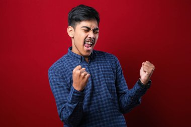 İzole edilmiş kırmızı arka planın üzerinde dikilen genç ve yakışıklı bir adam mutlu ve heyecanlı bir şekilde kollarını kaldırıp, gülümseyerek ve başarı için çığlık atarak kazanan bir jest yapıyor. Kutlama konsepti