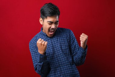 İzole edilmiş kırmızı arka planın üzerinde dikilen genç ve yakışıklı bir adam mutlu ve heyecanlı bir şekilde kollarını kaldırıp, gülümseyerek ve başarı için çığlık atarak kazanan bir jest yapıyor. Kutlama konsepti