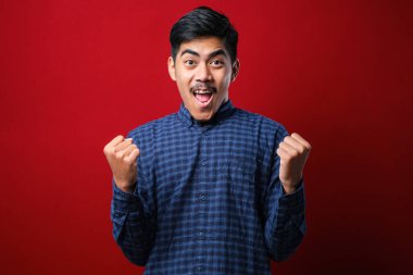 İzole edilmiş kırmızı arka planın üzerinde dikilen genç ve yakışıklı bir adam mutlu ve heyecanlı bir şekilde kollarını kaldırıp, gülümseyerek ve başarı için çığlık atarak kazanan bir jest yapıyor. Kutlama konsepti