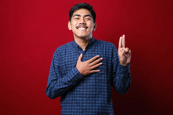 Young Handsome Asian Man Wearing Casual Shirt Standing Red Background — Stockfoto