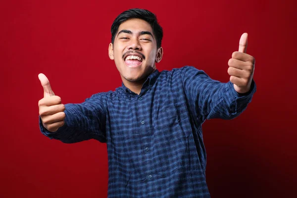 셔츠를 잘생긴 남자가 손으로 긍정적 행동을 승인하고 웃으며 성공하는 행복하게 — 스톡 사진