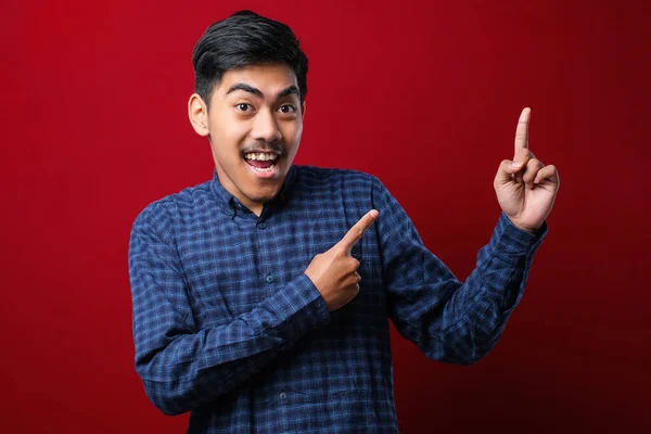 Young Handsome Asian Man Wearing Casual Shirt Red Background Big — Stockfoto