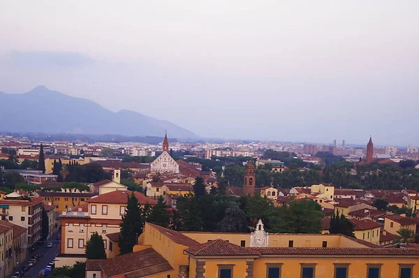 Letecký Pohled Nakloněné Věže Města Pisa Při Západu Slunce Toskánsko — Stock fotografie