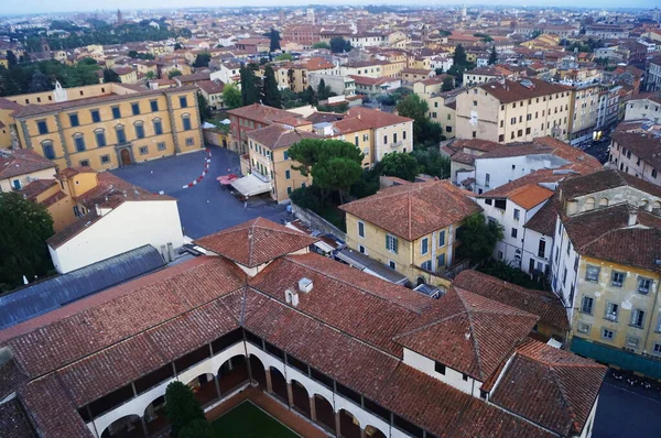 Letecký Pohled Nakloněné Věže Města Pisa Při Západu Slunce Toskánsko — Stock fotografie