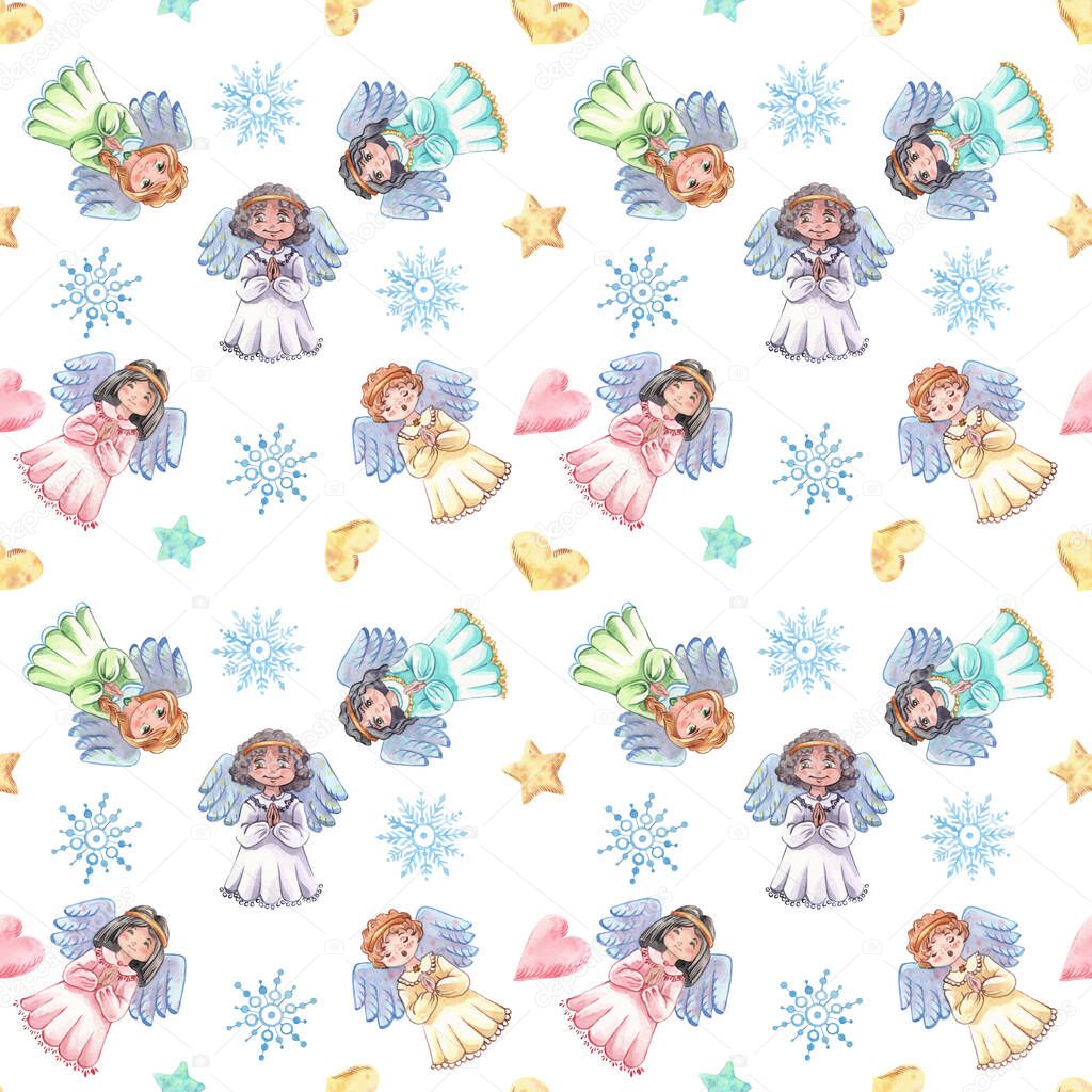 Christmas seamless pattern with angels and snowflakes on white