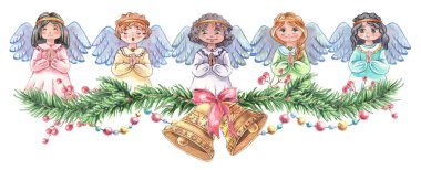 Noel çanları ve çanları olan tatlı suluboya melekler.