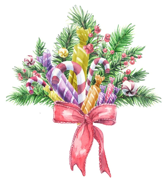 Acquerello Bouquet Natale Caramelle Rami Pino — Foto Stock