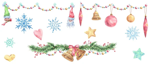 Aquarell Set Von Weihnachtsgirlanden Und Schneeflocken Einem Gemütlichen Stil — Stockfoto