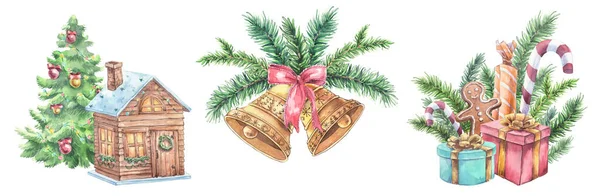 Aquarela Definida Para Ano Novo Uma Casa Uma Árvore Natal — Fotografia de Stock