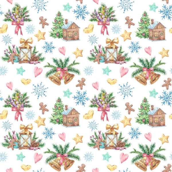 Seamless Christmas Pattern Christmas Trees Gifts Bells Snowflakes Lantern Sweets — Stock Photo, Image