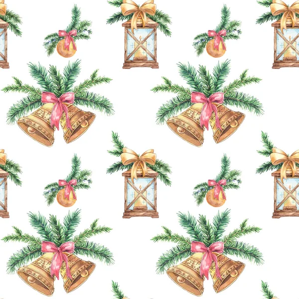 Seamless Pattern Christmas Bells Lantern White Background — Stock Photo, Image