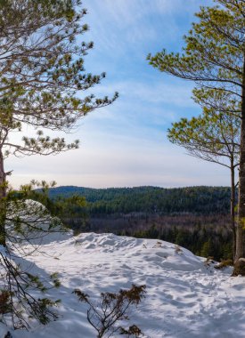 Renfrew County, Ontario 'nun tepelerine bakıyorum. Kartal Yuvası' ndaki ağaçların arasında. Kışın Calabogie 'nin..