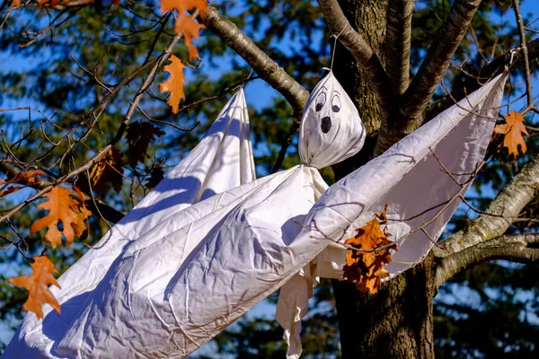 ハロウィーンの幽霊の装飾に白いシートが作られています 秋の葉を持つオークの木にぶら下がり 風に吹かれる — ストック写真