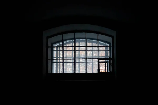 Window Prison Cell Covered Bars Interior Old Dark Solitary Prison — Stock Photo, Image