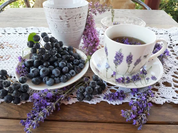 Comida Saludable Una Taza Porcelana Blanca Lavanda Negro Plato Arándanos —  Fotos de Stock