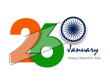 Hindistan 'ın ünlü anıtları ve Mutlu Cumhuriyet Günü poster tasarımı için arka planı olan 26 Ocak metni. Hindistan Bağımsızlık Günü, 15 Ağustos Soyut Üç Renkli Bayrak Tasarımı