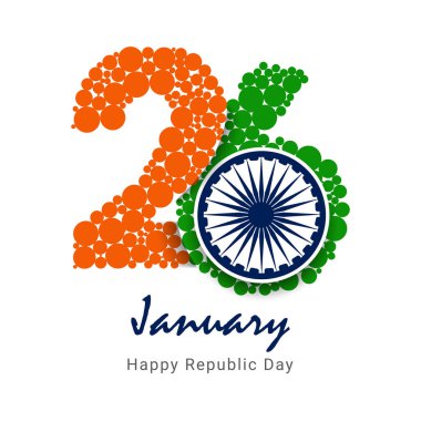 Hindistan 'ın ünlü anıtları ve Mutlu Cumhuriyet Günü poster tasarımı için arka planı olan 26 Ocak metni. Hindistan Bağımsızlık Günü, 15 Ağustos Soyut Üç Renkli Bayrak Tasarımı