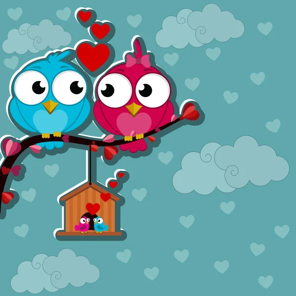 Lindos Felices Pájaros Con Corazones Pájaros Enamorados Día San Valentín — Vector de stock