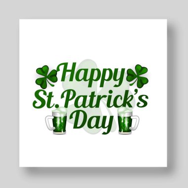 Aziz Patrick Günü, Vektör illüstrasyon broşürü, tatil davetiyesi, kurumsal kutlama. Yonca, altın sikke, at nalı, siyah arka planda yeşil bira. Vektör illüstrasyonu.