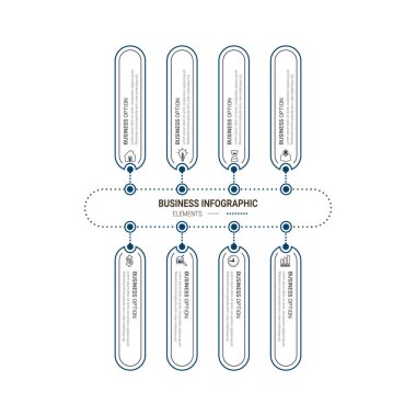 Bilgi elemanları veri görselleştirme vektör tasarım şablonu. İşlem çizelgesi. Grafiğin soyut ögeleri, adımlar, seçenekler, parçalar veya süreçlerle diyagram.
