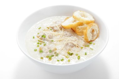 Domuz eti congee ile dilim derin kızarmış doughstick, yakın çekim 