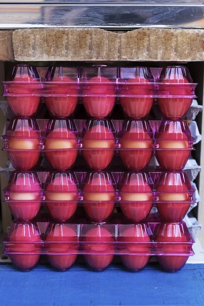 Eier im Plastikbehälter gestapelt — Stockfoto