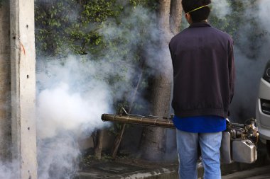 Desinsection ve haşere kontrolü için duman makine kullanan adam