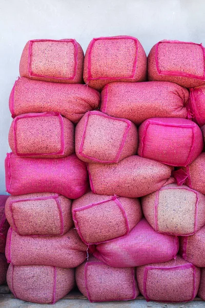 Coffee Beans Pink Sack Bags Storage House — Stock Photo, Image