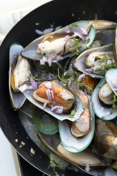 Смажені морські мідії в сковороді — стокове фото