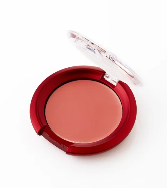 Pink color cheek make up in round container on background — Stock Photo, Image