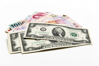 İki dolar fatura Çin ve diğer Asya para faturaları