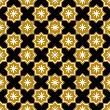 Noel soyut kalıbı. Siyah zemin üzerinde yıldız kurabiyeleri ve kar taneleri olan kusursuz bir desen. Geometrik basit festival dokusu. Mozaik ekose. Damalı vektör çizimi. Beyaz, Altın, Siyah