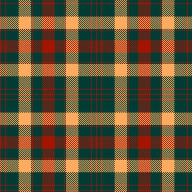 Tartan kumaş deseni. Kareli ekose vektör çizimi. İskoç tarzının kusursuz arka planı duvar kağıtları, tekstil ürünleri, dekorasyonlar, şenlikli ambalajlar için harika. Kırmızı, sarı-bej ve yeşil